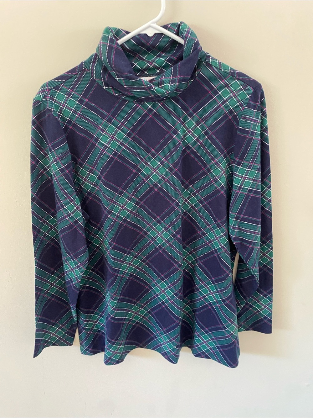 Plaid Turtleneck Long Sleeve Top - Green & Blue